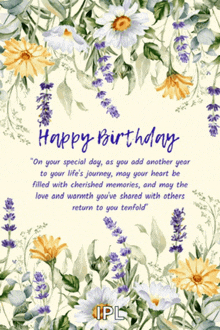 a happy birthday card with flowers and leaves on it