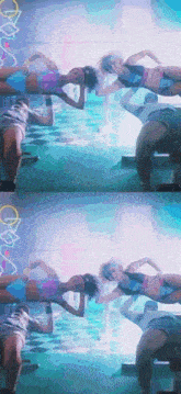 a group of women are dancing in a room with a neon sign that says ' a ' on it