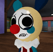 a cartoon clown with a sad look on his face and a red nose