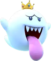 a cartoon ghost with a crown on its head and a pink tongue sticking out