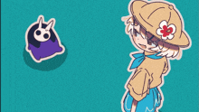 a girl with a flower on her hat is standing in front of a blue background