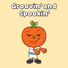 a cartoon of a pumpkin with the words groovin ' and spookin ' on the bottom