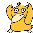 a cartoon drawing of a yellow duck with its arms outstretched and a black tail .