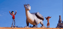 a cartoon scene of a boy standing next to a dragon