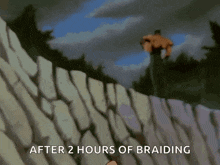 a man standing on top of a stone wall with the words after 2 hours of braiding written below him