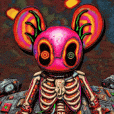 a colorful drawing of a skeleton with a mickey mouse head and ears