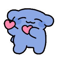 a cartoon blue bear is holding two pink hearts in its hands .