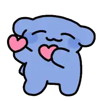 a cartoon blue bear is holding two pink hearts in its hands .