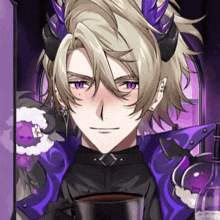 a man with horns and purple eyes holds a cup of coffee