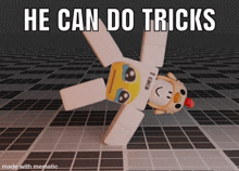 a cartoon character is doing a handstand with the words he can do tricks below it