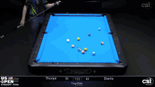 a man is playing pool on a blue diamond pool table