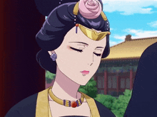 a woman with a rose in her hair wearing a necklace
