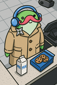 a cartoon character with a mustache and headphones is behind a counter with a milk carton and cookies