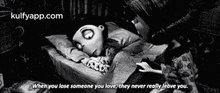 a black and white drawing of a man sleeping on a bed with a quote from the movie nightmare before christmas .