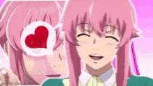 a girl with pink hair is wearing glasses with a heart in her eye .