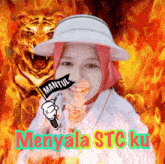 a woman wearing a white hat holding a mantul flag