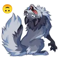 a sticker of a wolf with its mouth open and a smiley face behind it