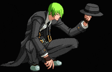 a pixel art of a man with green hair kneeling down and holding a hat