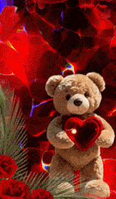 a teddy bear is holding a red heart in front of roses