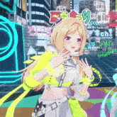 a girl in a yellow and white outfit is standing in front of a sign that says #th