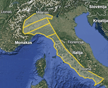 a map showing slovenia and croatia with milanas in the center