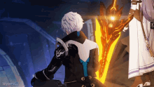 a video game character is holding a sword in front of a dragon