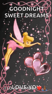 a goodnight sweet dreams greeting card with a fairy flying over hearts
