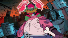 two teenage mutant ninja turtles are fighting each other in a cartoon scene from nick