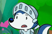 a cartoon wolf wearing a knight 's helmet looks surprised