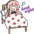 a cartoon girl is laying in a bed with a polka dot blanket and says good night .