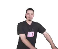 a man is wearing a black shirt with a pink tv on it