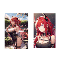 a woman with red hair and horns is holding a flower