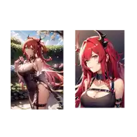a woman with red hair and horns is holding a flower