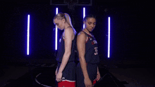 two women are standing back to back with their arms crossed in front of a basketball hoop .
