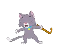 a cartoon cat holding a cane in its paws