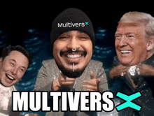 a man wearing a beanie that says multivers stands next to two other men