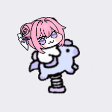 a cartoon of a girl with pink hair holding a unicorn on a spring .