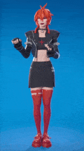 a girl with red hair is wearing a black skirt and red thigh highs