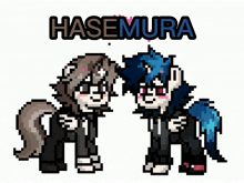 a pixel art drawing of two ponies with the name hasemura on top