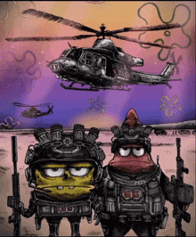 a cartoon of spongebob and patrick in military gear