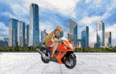 a girl on a motorcycle with a city in the background