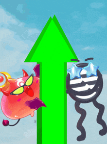 a green arrow pointing upwards with a cartoon character behind it