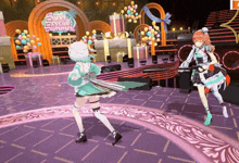 two anime girls are dancing in front of a stage that says super special summer
