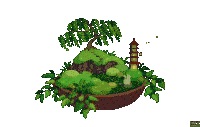 a pixel art drawing of a bonsai tree with a tower in the background