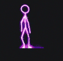 a stick figure is dancing in the dark with a purple light behind it .