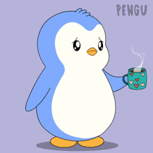 a penguin is holding a cup of coffee with hearts on it and the word pengu behind it