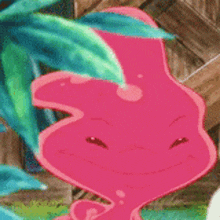 a close up of a pink cartoon character with a green plant in the background