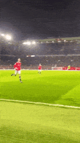 a soccer player in a red jersey is running on a field .
