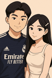 a boy and a girl are standing next to each other and the boy is wearing an adidas shirt