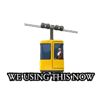 a man is riding a yellow cable car with the words we using this now below him